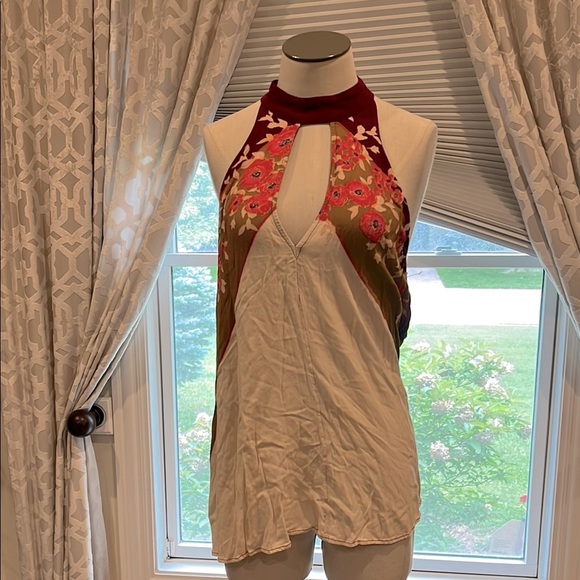 Free People XS Tan and Red Asymmetrical Ruched Tank Top - Picture 2 of 3